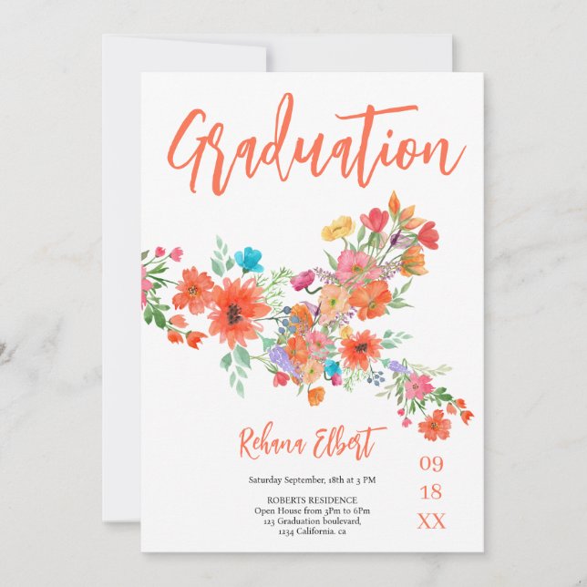 Trendy Boho Abschluss Foto Card - Orange Florals Einladung (Vorderseite)