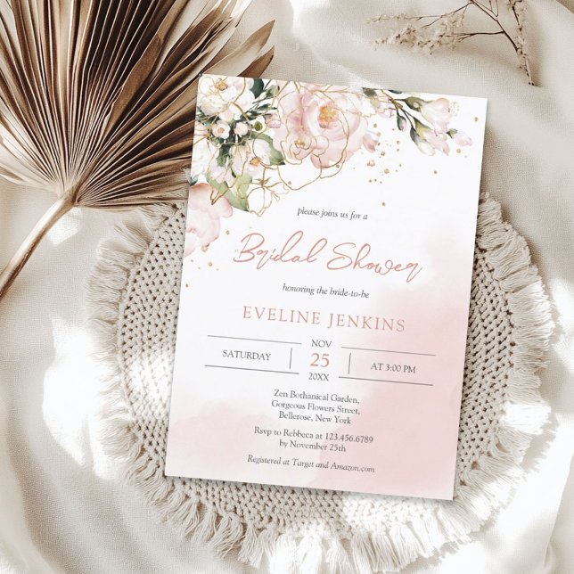 Trendy Boho blush pink und gold Blume eucalyptus Einladung (Trendy Boho blush pink and gold flowers eucalyptus Invitation)