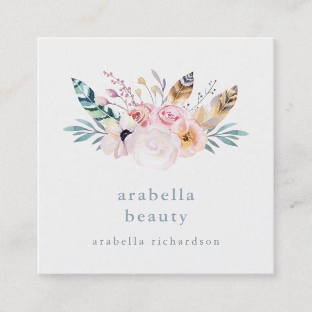 Trendy Boho Bouquet | Social Media Icons Quadratische Visitenkarte (Vorderseite)