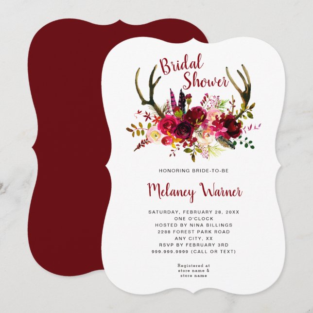 Trendy Boho Burgunder BlumenBrautparty laden ein Einladung (Vorne/Hinten)