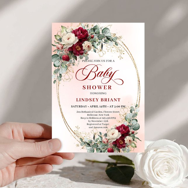 Trendy Boho Burgundy Peony Baby Shower Invitation Einladung (Trendy Boho Burgundy Peony Baby Shower Invitation)
