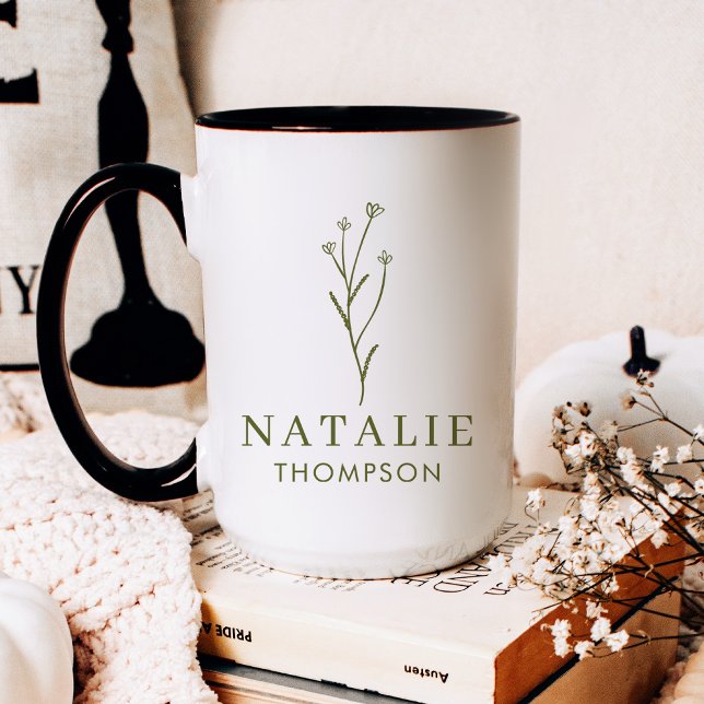 Trendy Boho Chic Olive Green Blume Personalisiert Kaffeetasse (Von Creator hochgeladen)