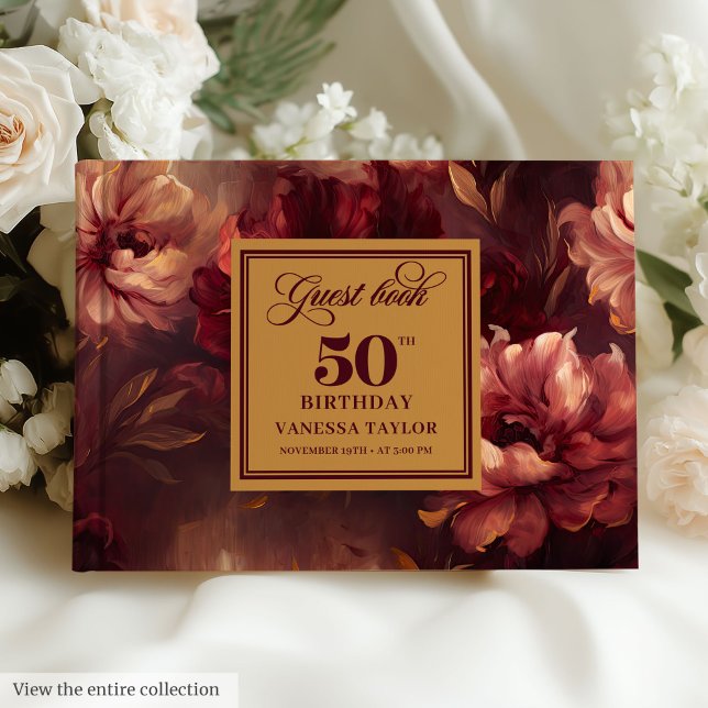 Trendy Boho Dark Red Blush Gold Blume 50th Bday Gästebuch (Trendy Boho Dark Red Blush Gold Flowers 50th Bday Guest Book)