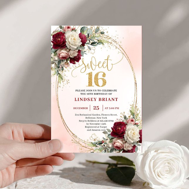 Trendy Boho Deep Red Gold Floral 16th Birthday  Einladung (Trendy Boho Deep Red Gold Floral 16th Birthday Invite)