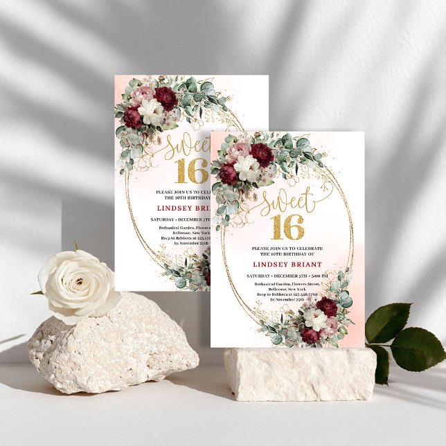 Trendy Boho Deep Red Peonies Sweet Sixteen Party   Einladung (Trendy Boho Deep Red Peonies Sweet Sixteen Party Invite)