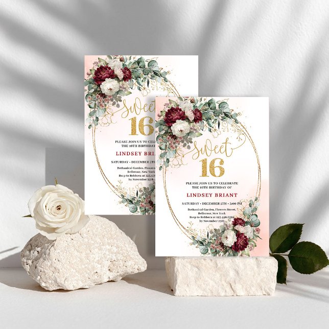 Trendy Boho Deep Red Peony Sweet Sixteen Party  Einladung (Trendy Boho Deep Red Peony Sweet Sixteen Party Invite)