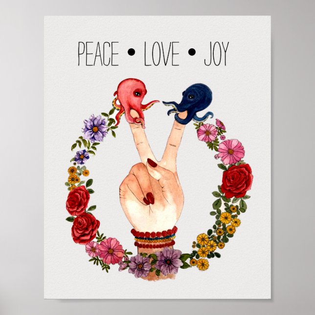 Trendy Boho Floral Octopus Peace Sign Wasserfarbe Poster (Vorne)