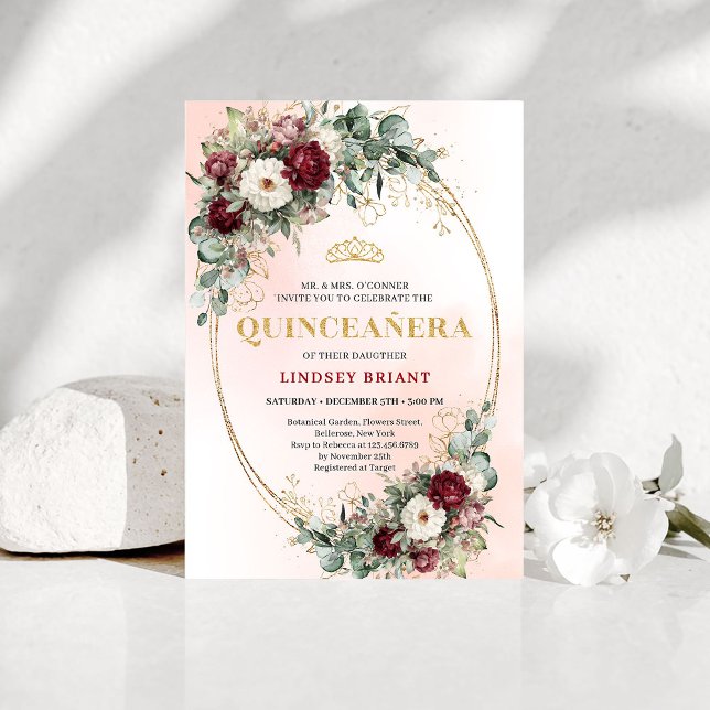 Trendy Boho Maroon Floral Eucalyptus Quince Invite Einladung (Trendy Boho Maroon Floral Eucalyptus Quince Invite)