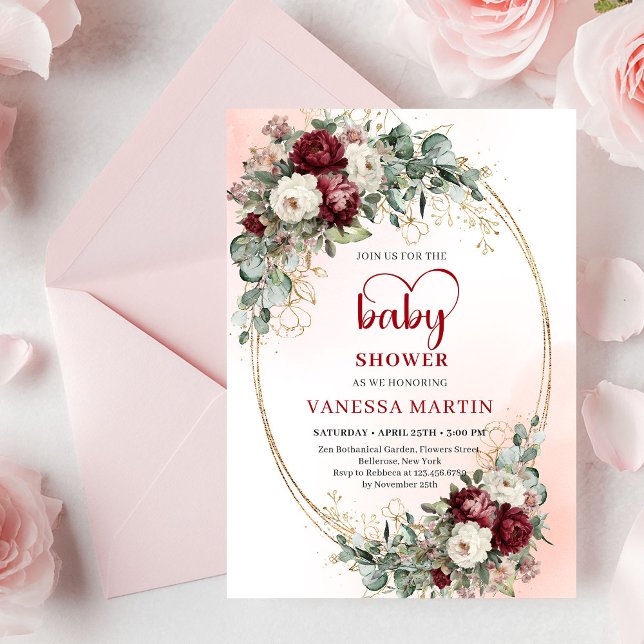 Trendy Boho Maroon Floral Gold Accent Baby Shower Einladung (Trendy Maroon Floral Gold Accent Baby Shower Invite

)