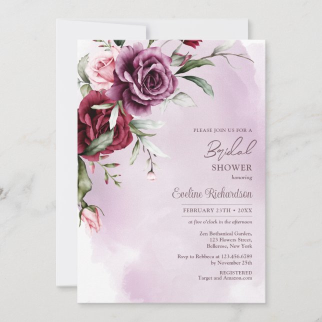 Trendy boho mauve und bordeauxfarbene Rose Einladung (Vorderseite)