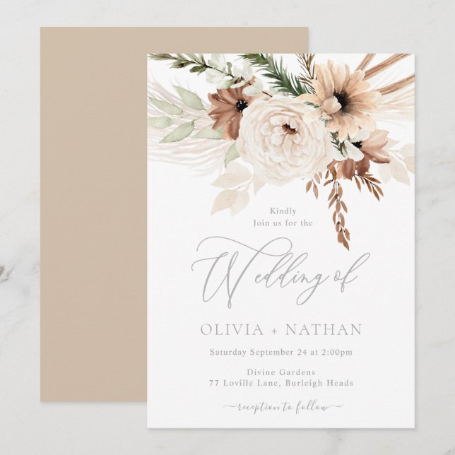 Trendy Boho Neutral Florals Wedding Einladung (Vorne/Hinten)