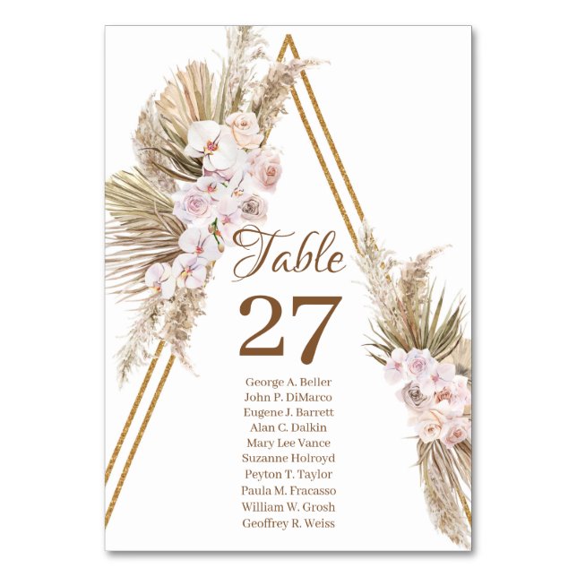 Trendy Boho Pampas Grass Driving Palm Gold Arch Tischnummer (Vorderseite)