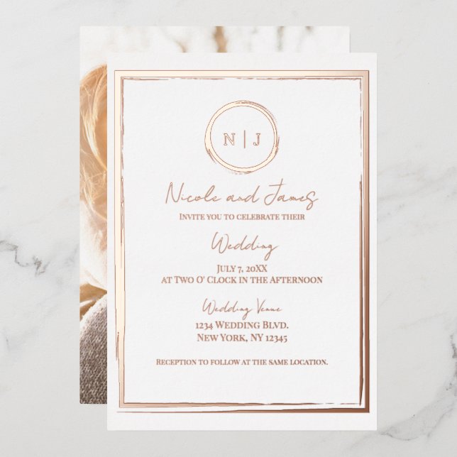 Trendy Border Rose Gold Modernes Hochzeitsfest Fot Folieneinladung (Vorderseite/Rückseite)