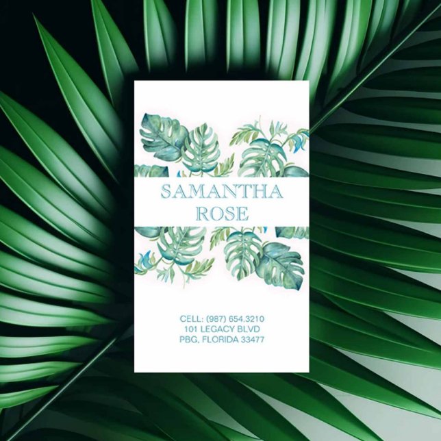 Trendy Botanical Monstera Palm Blätter Küste Visitenkarte (Tropical business cards watercolor monstera palm leaves by Victoria Grigaliunas Do Tell A Belle)