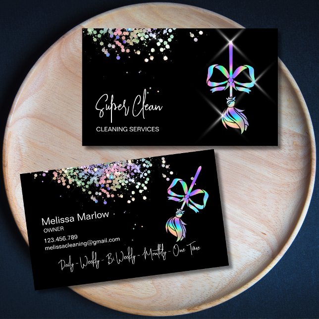 Trendy Bow Maid Reinigungshaus Sparkling Holograph Visitenkarte (holograph broom with a bow cleaning services logo design)
