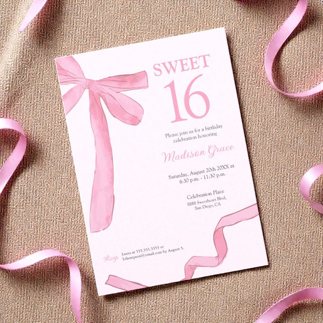 Trendy Bow Ribbon Coquette Sweet 16 Blush Pink  Einladung (Trendy, coquette pink bow Sweet 16 invitation.)