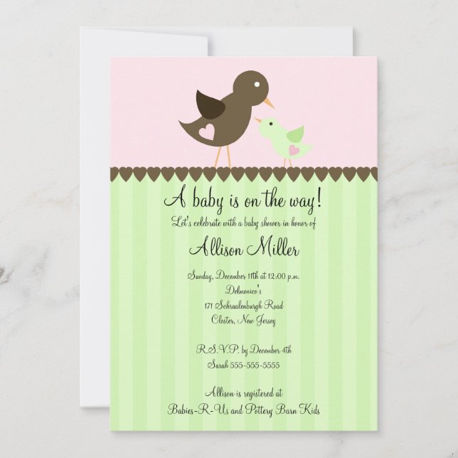 Trendy Brown Baby Bird mit Mama Baby Dusche Einladung (Vorderseite)