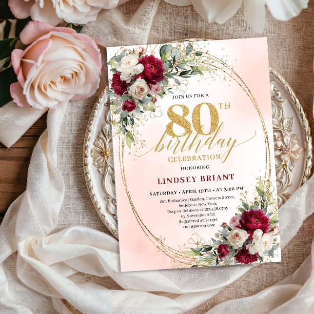 Trendy Burgundy Floral Gold 80th Birthday Invite Einladung (Trendy Burgundy Floral Gold 80th Birthday Invitation)