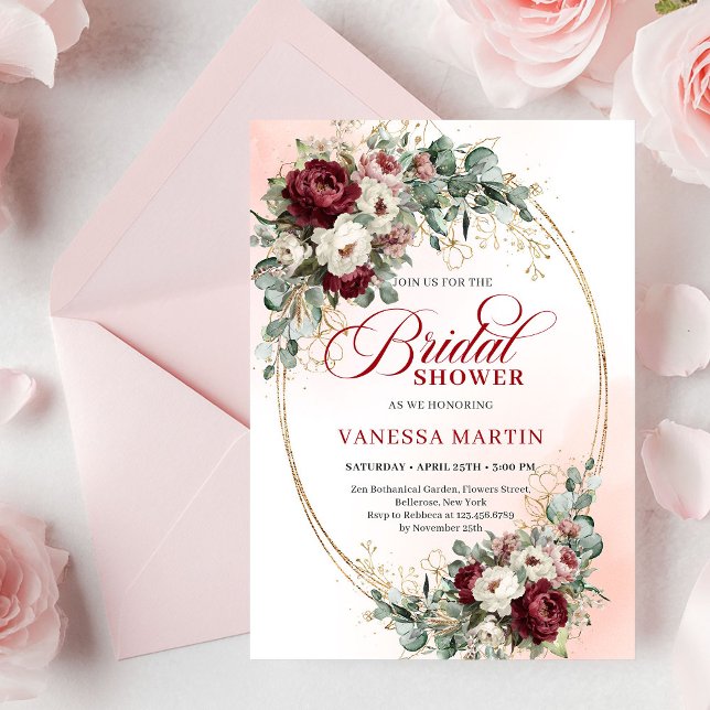 Trendy Burgundy Gold Greenery Bridal Shower Invite Einladung (Trendy Burgundy Gold Greenery Bridal Shower Invite)