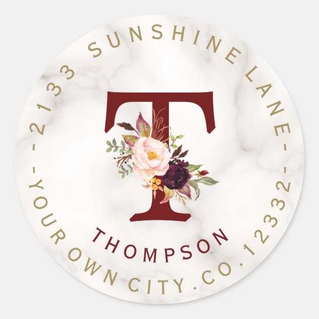 Trendy Burgundy Red Floral Circle Address Label Runder Aufkleber (Vorderseite)