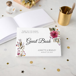 Trendy Burgundy Watercolor Blume Hochzeit Gästebuch
