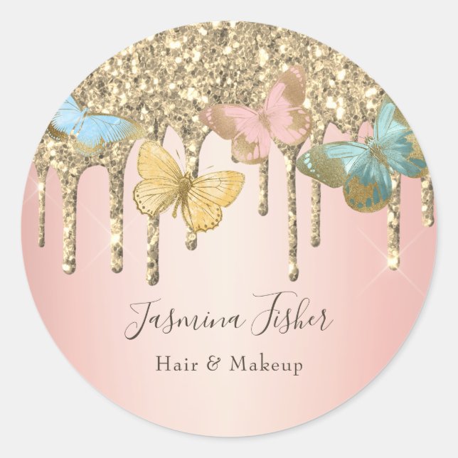Trendy Butterfly Glitzer Tropfen Girly Hair Makeup Runder Aufkleber (Vorderseite)
