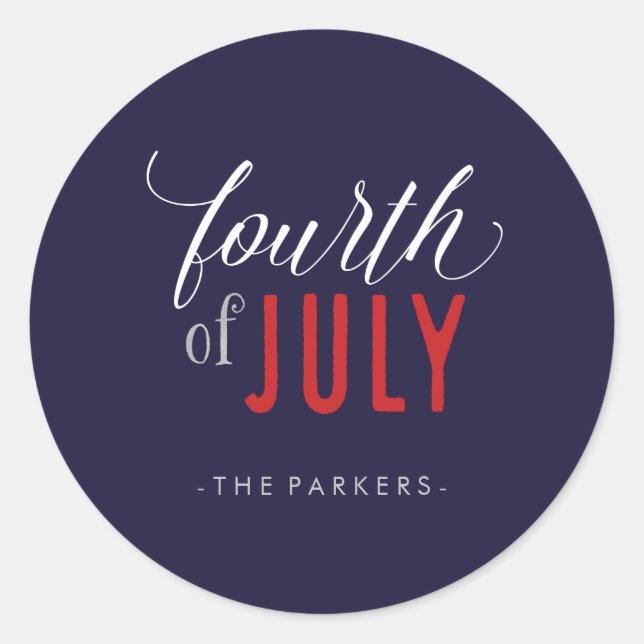 Trendy Calligraphy Red White und Blue 4. Juli Runder Aufkleber (Vorderseite)