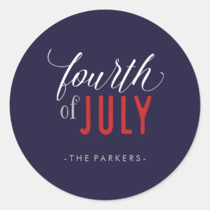 Trendy Calligraphy Red White und Blue 4. Juli Runder Aufkleber