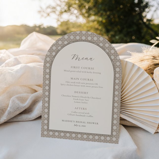 Trendy Cane Rave Rattan Brautparty Card Einladung (Trendy cane weave rattan print menu design with arch and modern calligraphy)