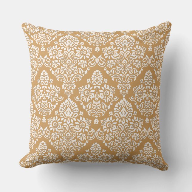 Trendy Carmel braun und weiß Damask Muster Kissen (Vorderseite)