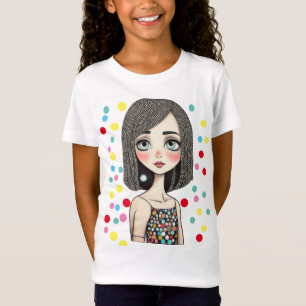 Trendy Cartoon Girl mit Polka Dot Dress Art T-Shirt