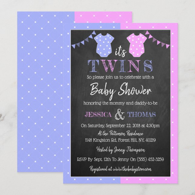 Trendy Chalkboard Boy & Girl Twins Kinderdusche Einladung (Vorne/Hinten)