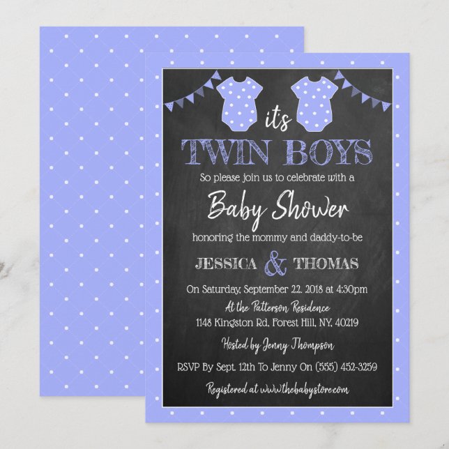 Trendy Chalkboard Twin Boys Baby Dusche Einladung (Vorne/Hinten)