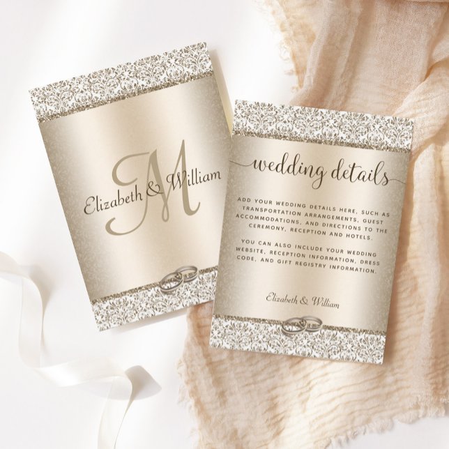 Trendy Champagne Glitzer Damask Wedding Details Begleitkarte (Von Creator hochgeladen)