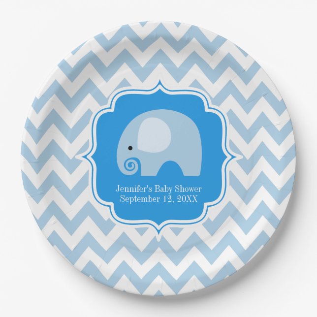 Trendy Chic Blue Elephant Baby Boy Dusche Zickzack Pappteller (Vorderseite)