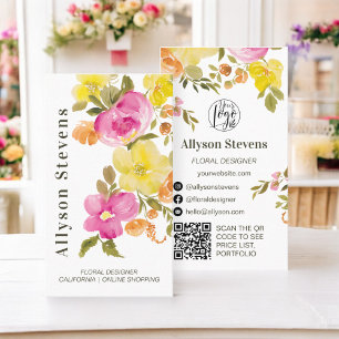 Trendy chic floral Aquarell weißes Logo qr Code Visitenkarte
