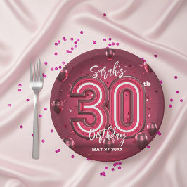 Trendy Chic Glam Metallic Neon Pink 30. Geburtstag Pappteller