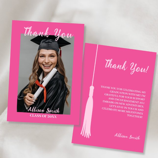 Trendy Chic Hot Pink Foto Abschluss Vielen Dank Dankeskarte (Trendy Chic Hot Pink Photo Graduation Thank You)