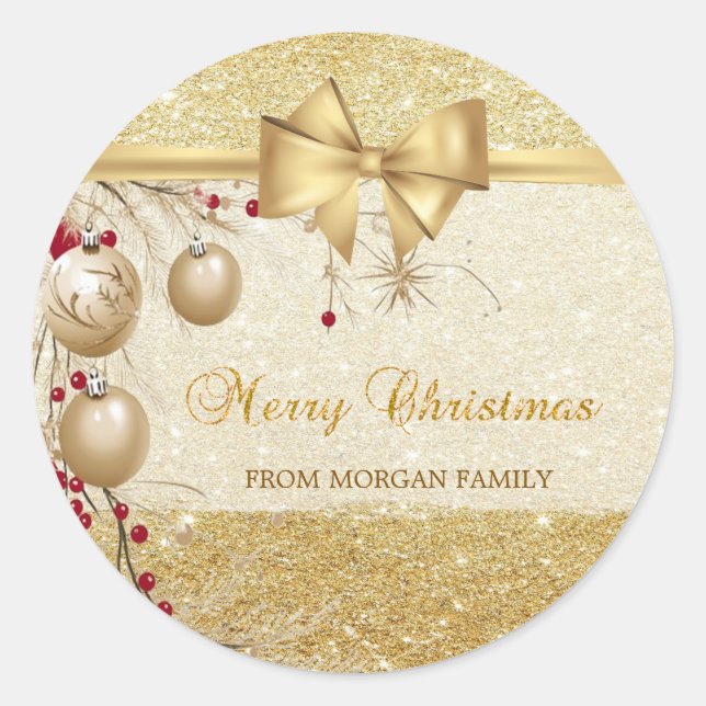 Trendy Christmas Balls Imitats Gold Bow, Glitterie Runder Aufkleber (Vorderseite)