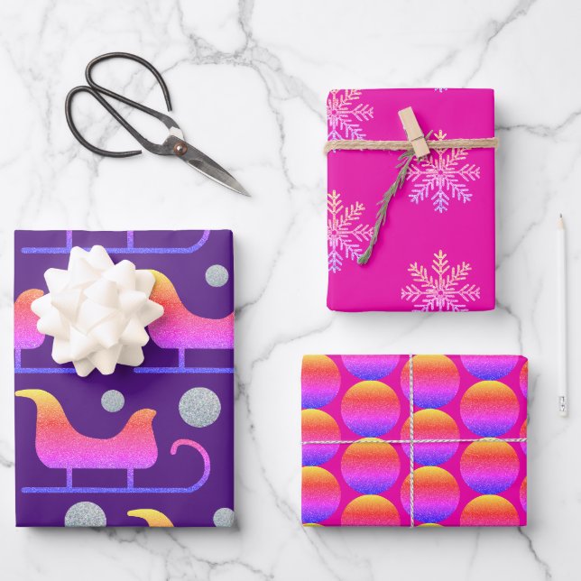 Trendy Christmas Girly Hot Pink Sleigh Glitzer Geschenkpapier Set (Vorderseite)