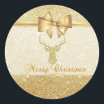 Trendy Christmas Rentier, Imitate Gold Bow, Glitte Runder Aufkleber<br><div class="desc">Eleganter Weihnachtsrentier auf den Imitaten goldener glänzender Hintergrund.</div>