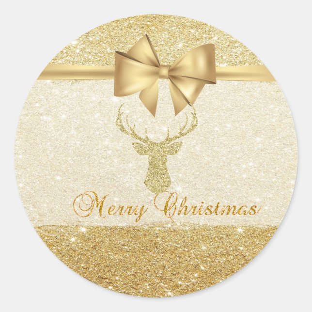 Trendy Christmas Rentier, Imitate Gold Bow, Glitte Runder Aufkleber (Vorderseite)