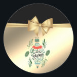 Trendy Christmas Tree Blätter, Imitate Gold Bow Runder Aufkleber<br><div class="desc">Eleganter Weihnachtsbaum Blätter auf Imitaten Gold glitzernden Hintergrund.</div>