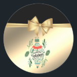 Trendy Christmas Tree Blätter, Imitate Gold Bow Runder Aufkleber<br><div class="desc">Eleganter Weihnachtsbaum Blätter auf Imitaten Gold glitzernden Hintergrund.</div>