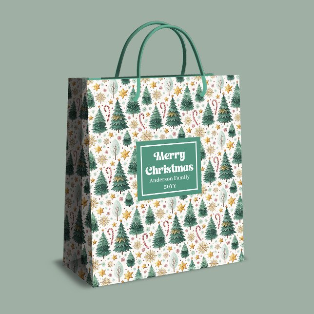 Trendy Christmas trees and candy canes name bag Mittlere Geschenktüte (Trendy Christmas trees and candy canes name bag)