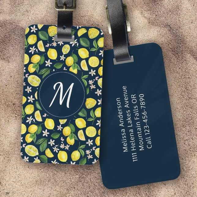 Trendy Citrus Lemons Floral Monogram Gepäckanhänger (Von Creator hochgeladen)