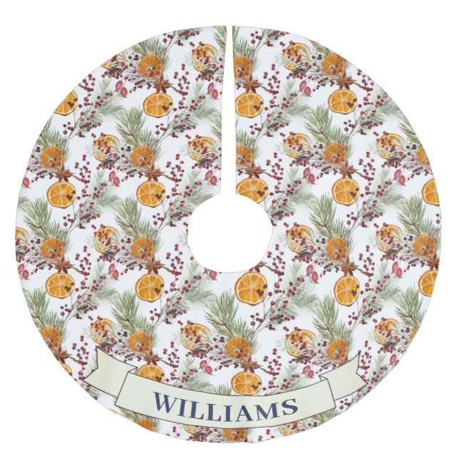 Trendy Citrus Orange Rustic PIne Greenery Polyester Weihnachtsbaumdecke (Vorderseite)