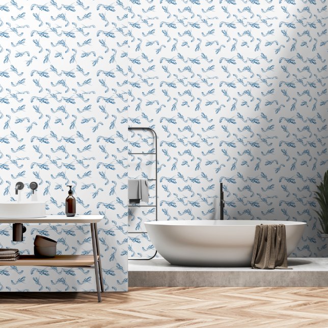 Trendy Coastal Ästhetik Indigo Blue Shrimp Toile Tapete (Badezimmer)