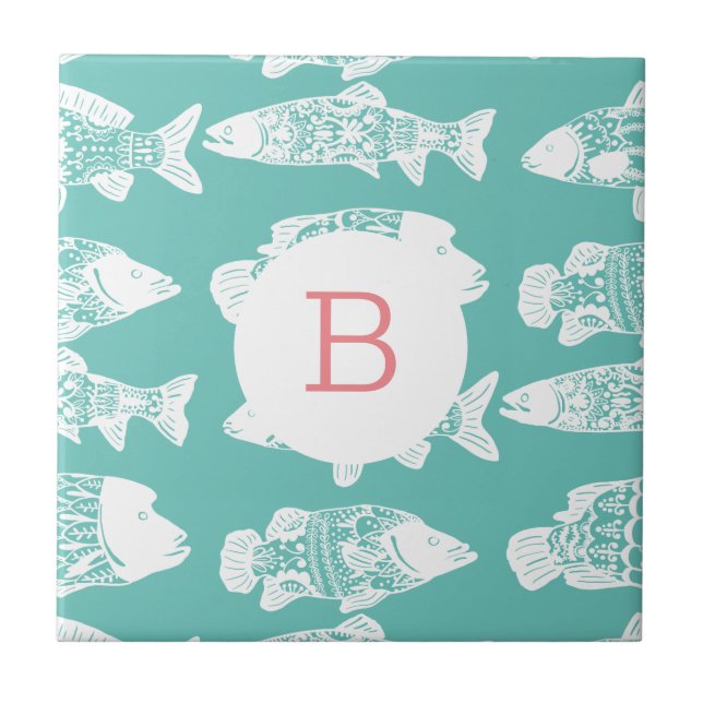 Trendy Coastal Boho Chic White Floral Fish Fliese (Vorderseite)