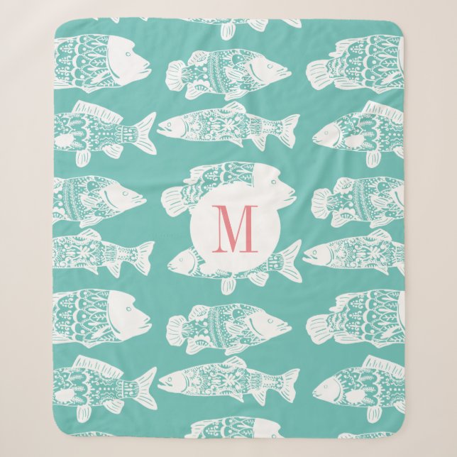 Trendy Coastal White Floral Fish & Sea Green Sherpadecke (Vorderseite)